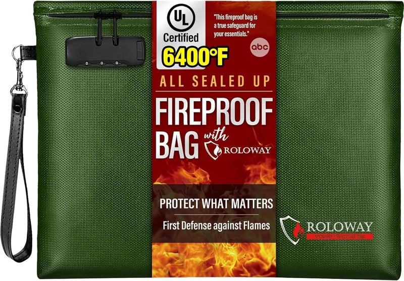 ROLOWAY Fireproof Document Bag (14.5 x 11.5 inch), 6400℉ Fireproof Money Bag with Zipper for Cash, Fire Safe Money Pouch with Lock (Green) - Image 1